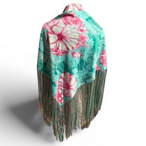 Vintage Turquoise Floral Fringe Shawl with Pink Blooms